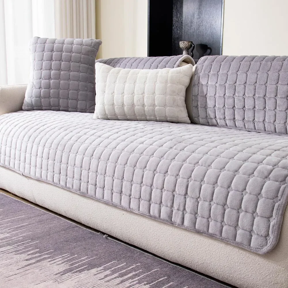 Velvet Couch Cover, Washable Sofa Slipcover (Light Grey, 36